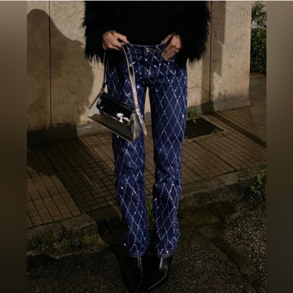 Zara Rhinestone Jeans Blue Jewel Size 2 - Picture 12 of 16